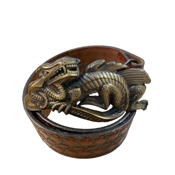 Embossed Snakeskin Leather Belt Removable Dragon Buckle Unisex Brown 33.50 Inch
